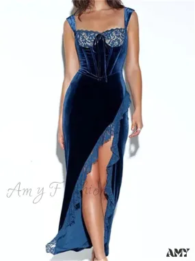 Amy Fashion - Sexy Women Summer Solid  Evening Sleeveless Strap Lace Patchwork High Split Party Female Vestido