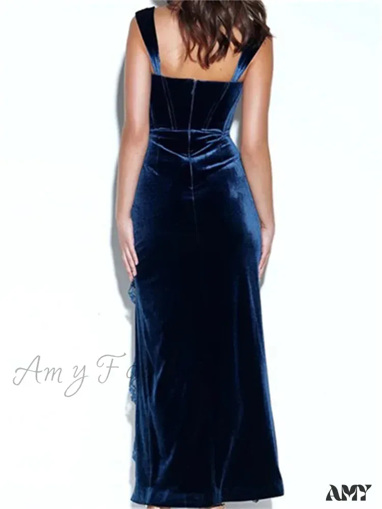 Amy Fashion - Sexy Women Summer Solid  Evening Sleeveless Strap Lace Patchwork High Split Party Female Vestido
