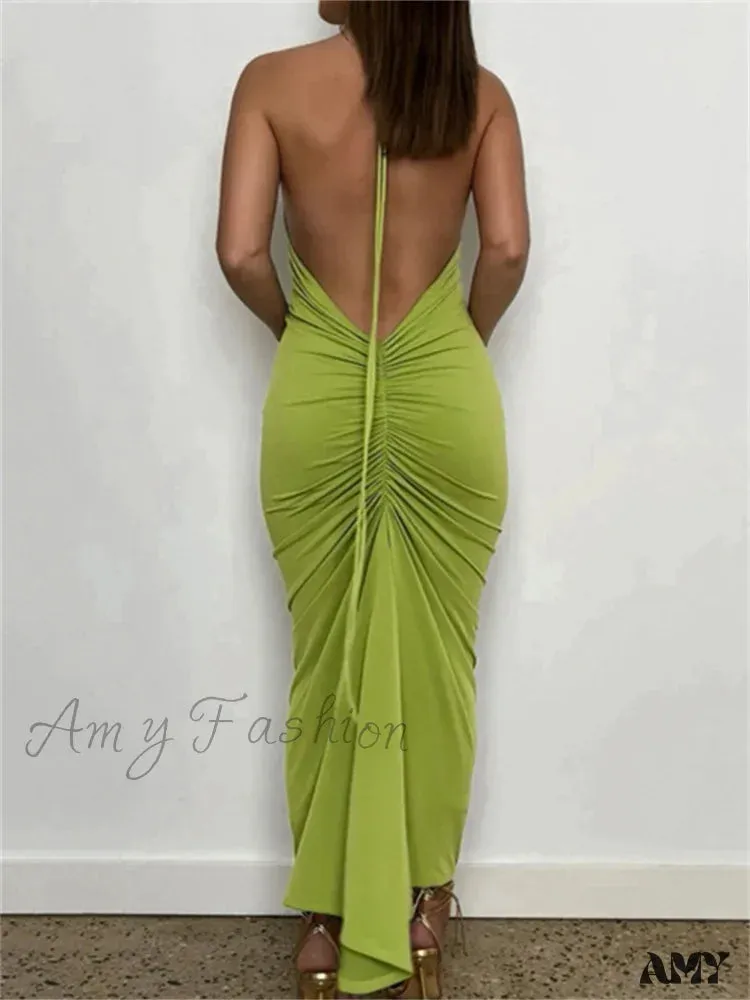 Amy Fashion - Women Halter Tie-up Backless  Slim Fit Solid Ruched Summer Party Sleeveless Off Shoulder Vestido
