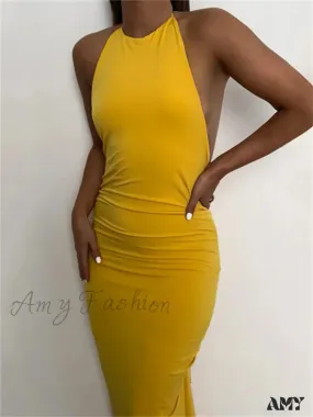 Amy Fashion - Women Halter Tie-up Backless  Slim Fit Solid Ruched Summer Party Sleeveless Off Shoulder Vestido