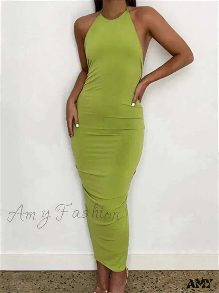 Amy Fashion - Women Halter Tie-up Backless  Slim Fit Solid Ruched Summer Party Sleeveless Off Shoulder Vestido
