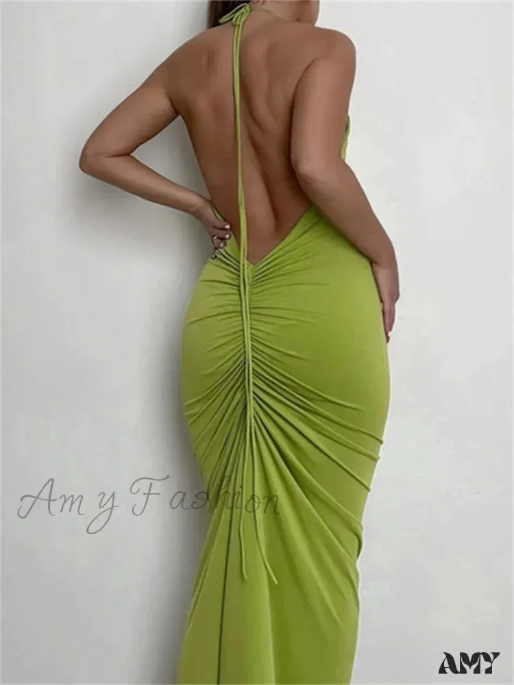 Amy Fashion - Women Halter Tie-up Backless  Slim Fit Solid Ruched Summer Party Sleeveless Off Shoulder Vestido