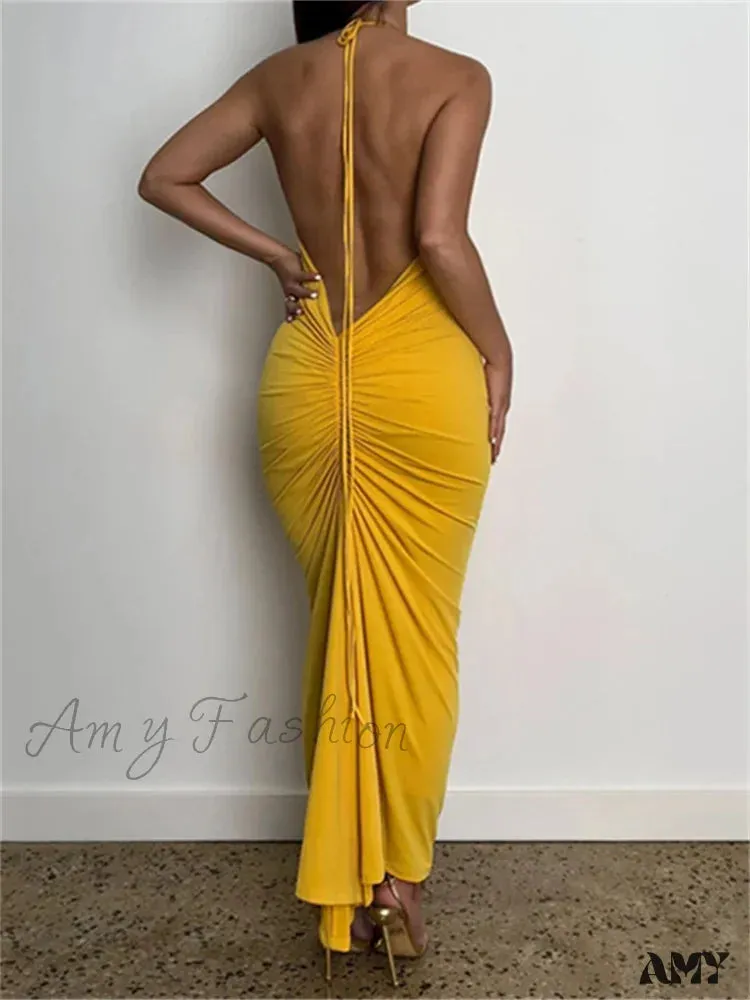 Amy Fashion - Women Halter Tie-up Backless  Slim Fit Solid Ruched Summer Party Sleeveless Off Shoulder Vestido
