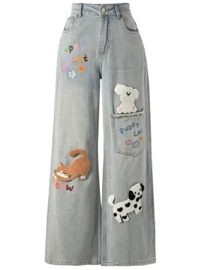 Animal Embroidery Light-Colored High-Waisted Straight-Leg Jeans