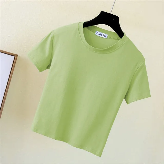 Crop Top T-Shirt Female Solid Cotton O-Neck Short Sleeve T-shirts for Women High Waist Slim Short Sport Blanc Femme T-Shirt