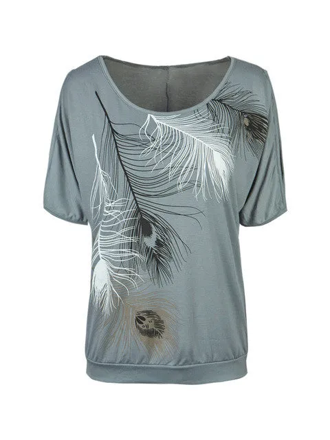 Feather Print Women Casual Summer T Shirt