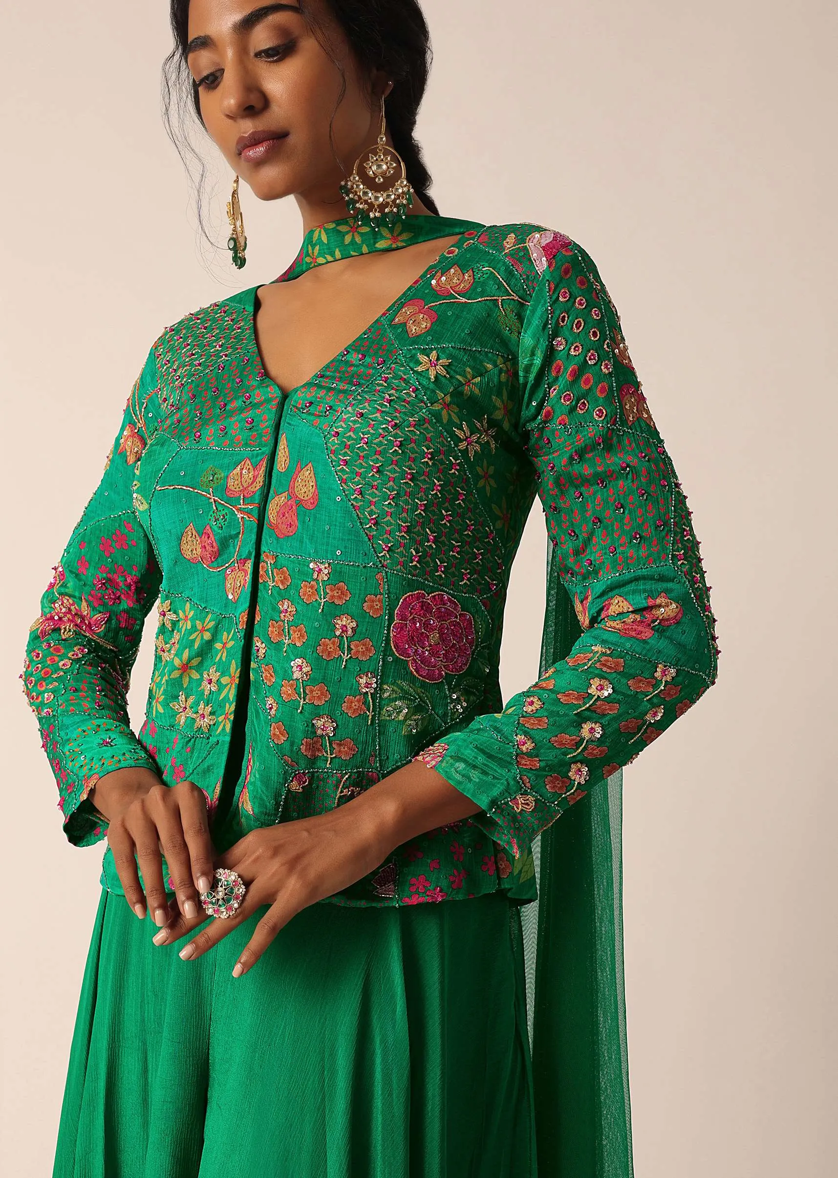 Green Embroidered Palazzo Set With Floral Motif Work
