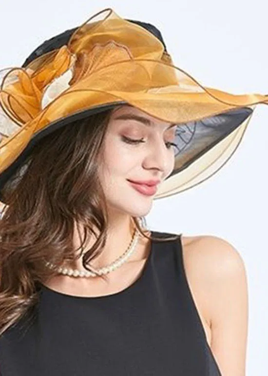 Handmade Yellow Floral Decorated Ruffles Tulle Floppy Sun Hat LC0469