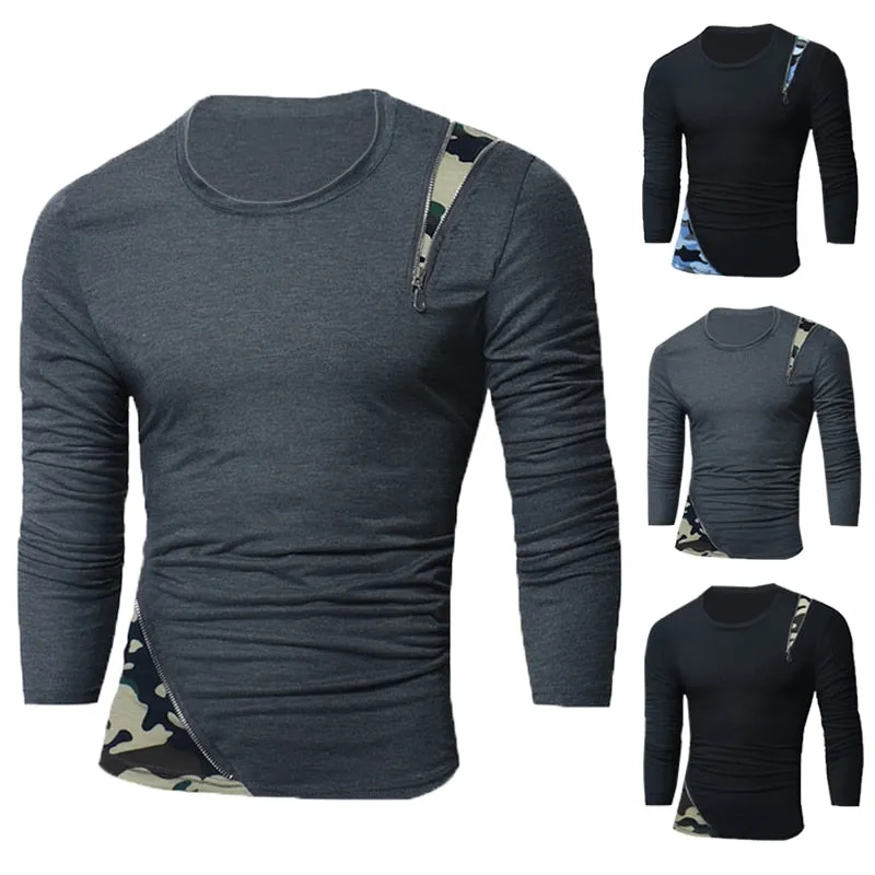 Hiphop Tee Men's Tshirts Long Sleeve Slim Fit Zipper Decor Shirt Casual T-Shirts Round Neck Camouflage Tee Men's Tee Tops Hombre