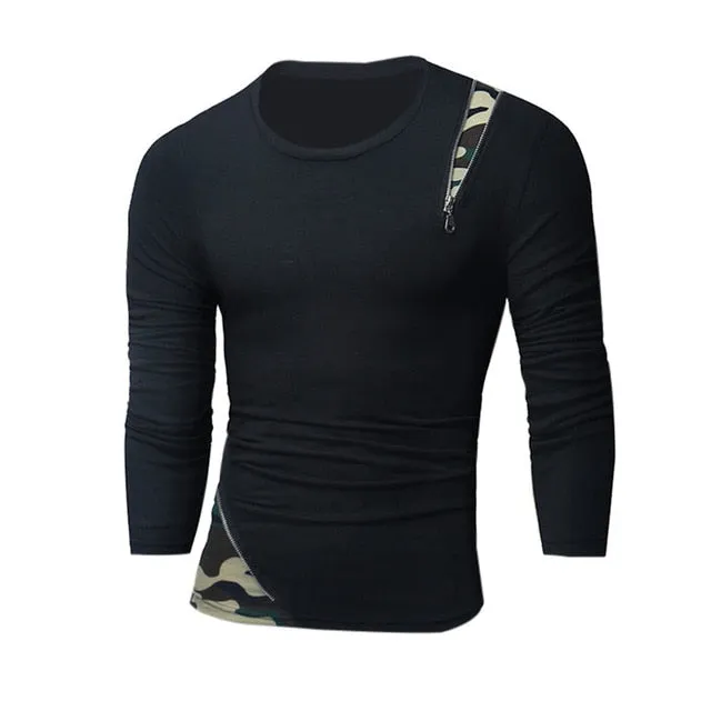 Hiphop Tee Men's Tshirts Long Sleeve Slim Fit Zipper Decor Shirt Casual T-Shirts Round Neck Camouflage Tee Men's Tee Tops Hombre