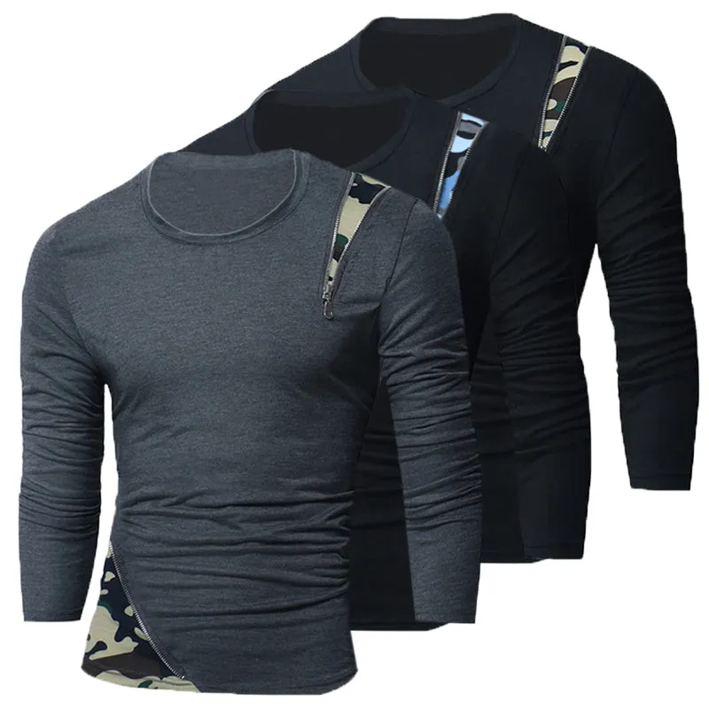 Hiphop Tee Men's Tshirts Long Sleeve Slim Fit Zipper Decor Shirt Casual T-Shirts Round Neck Camouflage Tee Men's Tee Tops Hombre
