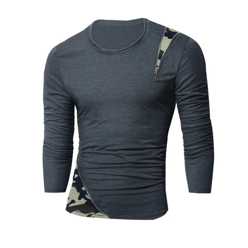 Hiphop Tee Men's Tshirts Long Sleeve Slim Fit Zipper Decor Shirt Casual T-Shirts Round Neck Camouflage Tee Men's Tee Tops Hombre
