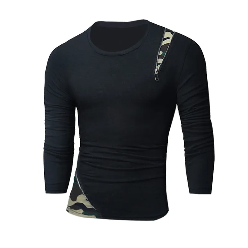 Hiphop Tee Men's Tshirts Long Sleeve Slim Fit Zipper Decor Shirt Casual T-Shirts Round Neck Camouflage Tee Men's Tee Tops Hombre