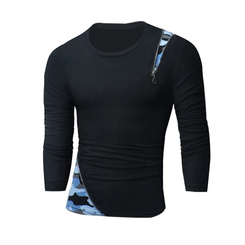 Hiphop Tee Men's Tshirts Long Sleeve Slim Fit Zipper Decor Shirt Casual T-Shirts Round Neck Camouflage Tee Men's Tee Tops Hombre