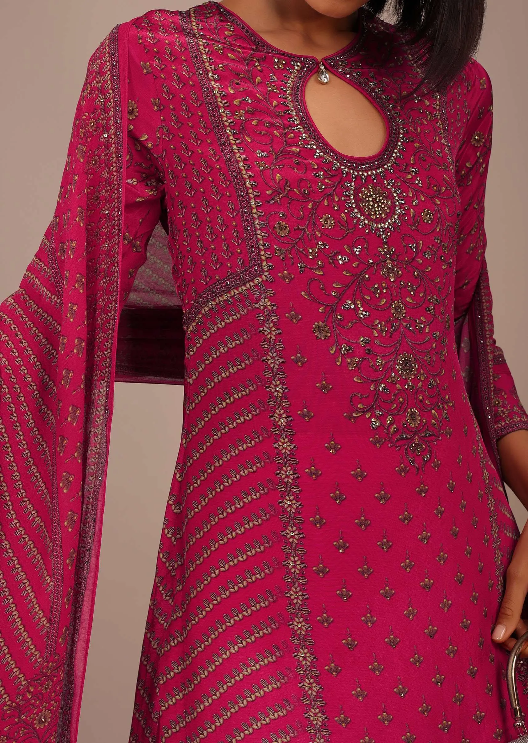 Hot Pink Printed Palazzo Suit With Stonework In Crepe
