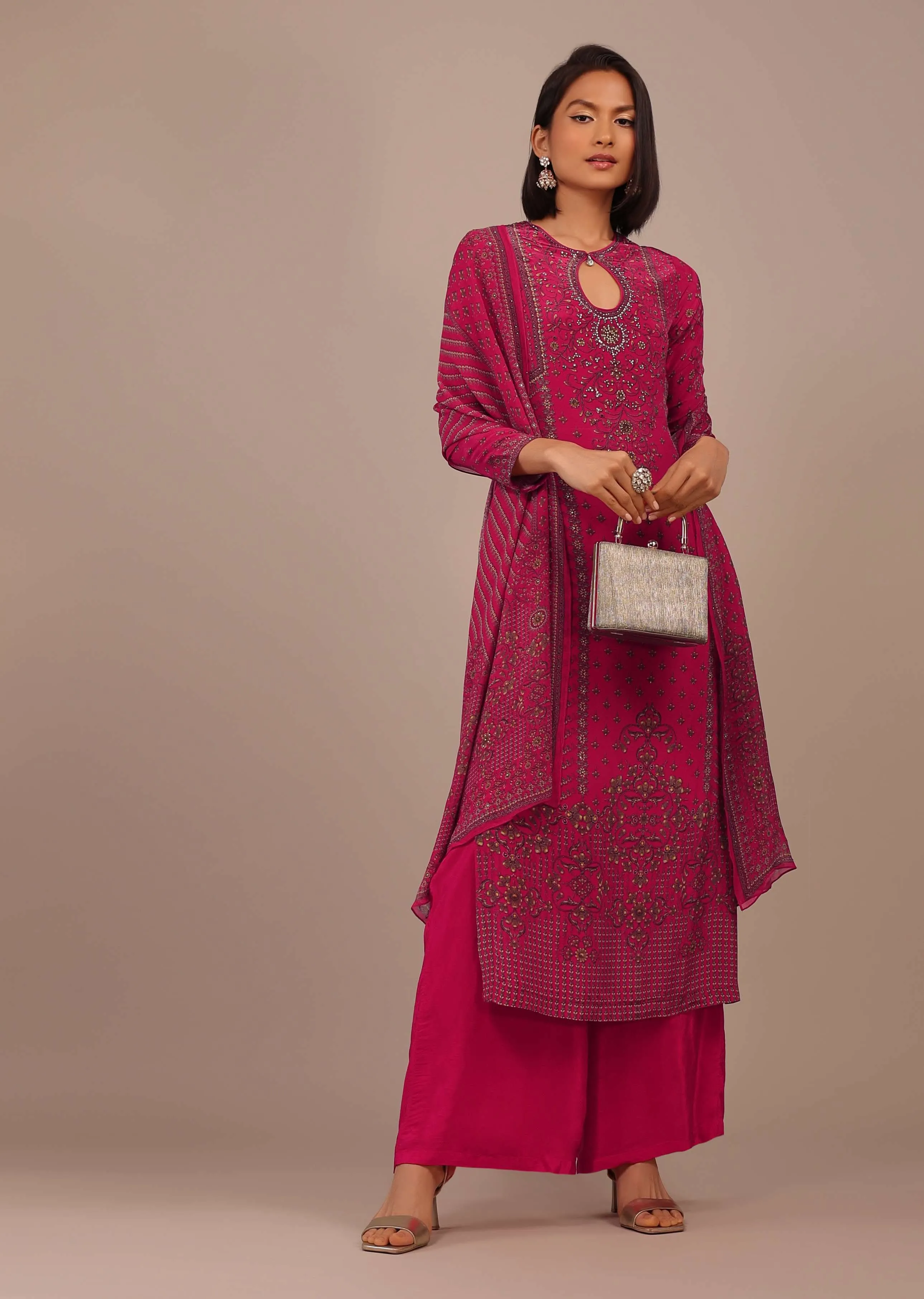 Hot Pink Printed Palazzo Suit With Stonework In Crepe