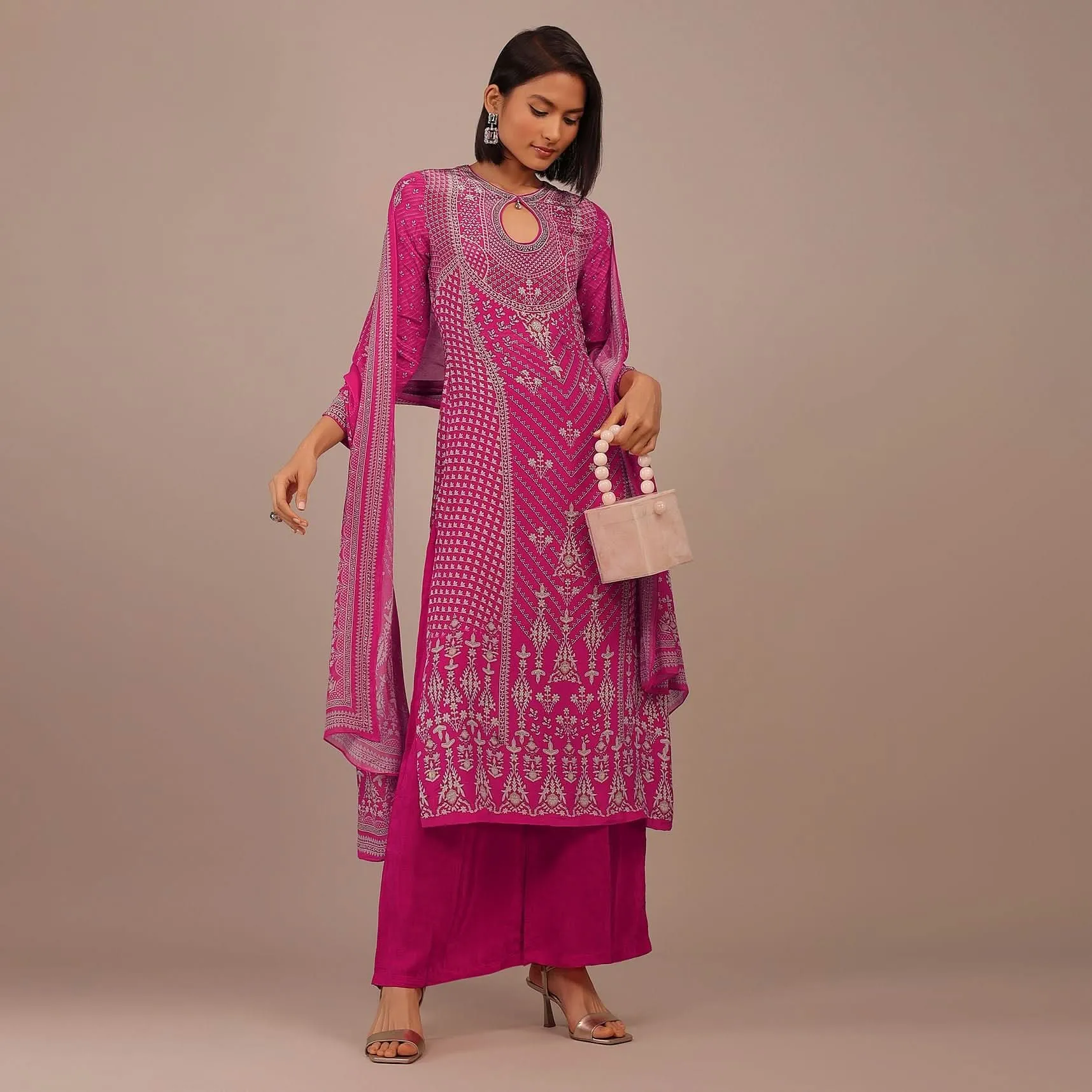Hot Pink Printed Palazzo Suit With Stonework In Crepe