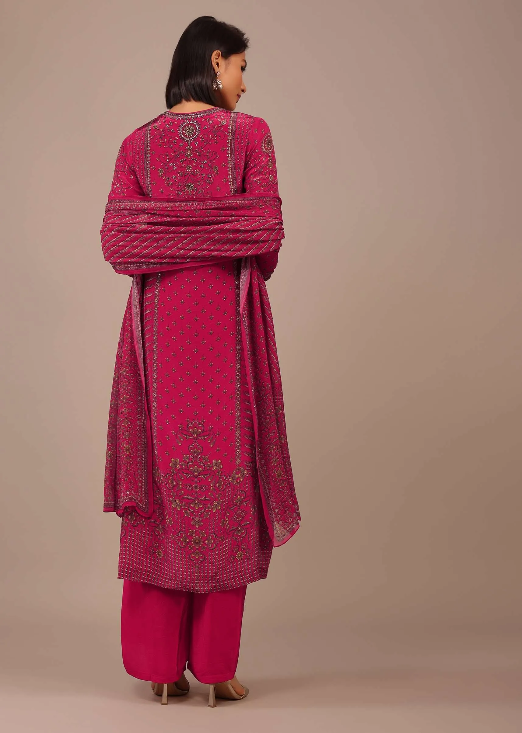 Hot Pink Printed Palazzo Suit With Stonework In Crepe