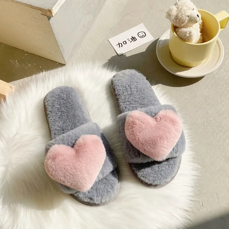 Instagram Trendy Comfortable Fur Slipper Girl's Heart-Shaped Sandals