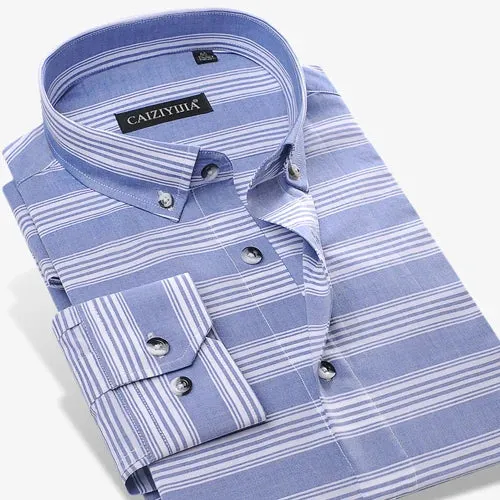 Men's Long-Sleeve Colors Striped Pocketless Shirts Premium Quality 100% Cotton Standard-fit Button-down Daily Casual Tops Shirt