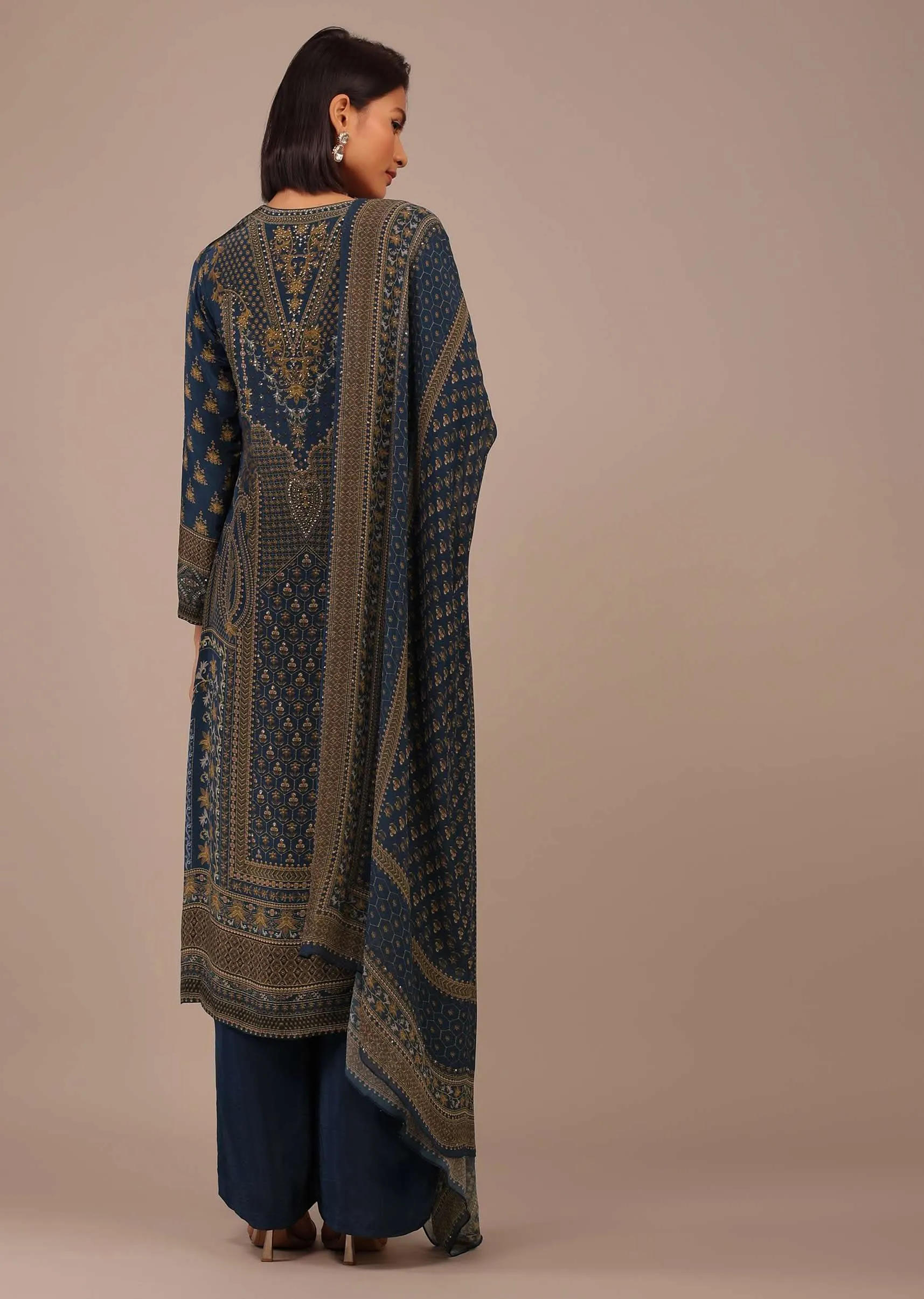 Midnight Blue Printed Palazzo Suit With Stonework In Crepe