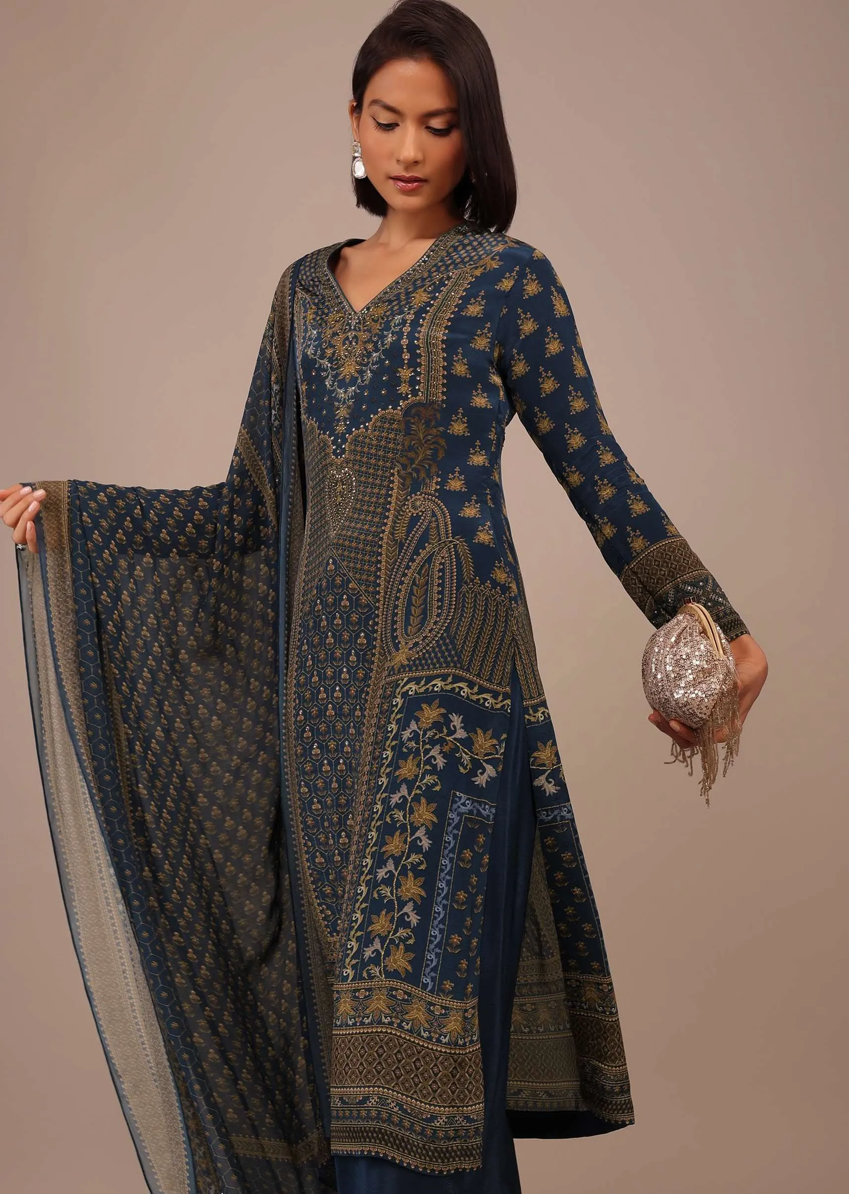 Midnight Blue Printed Palazzo Suit With Stonework In Crepe