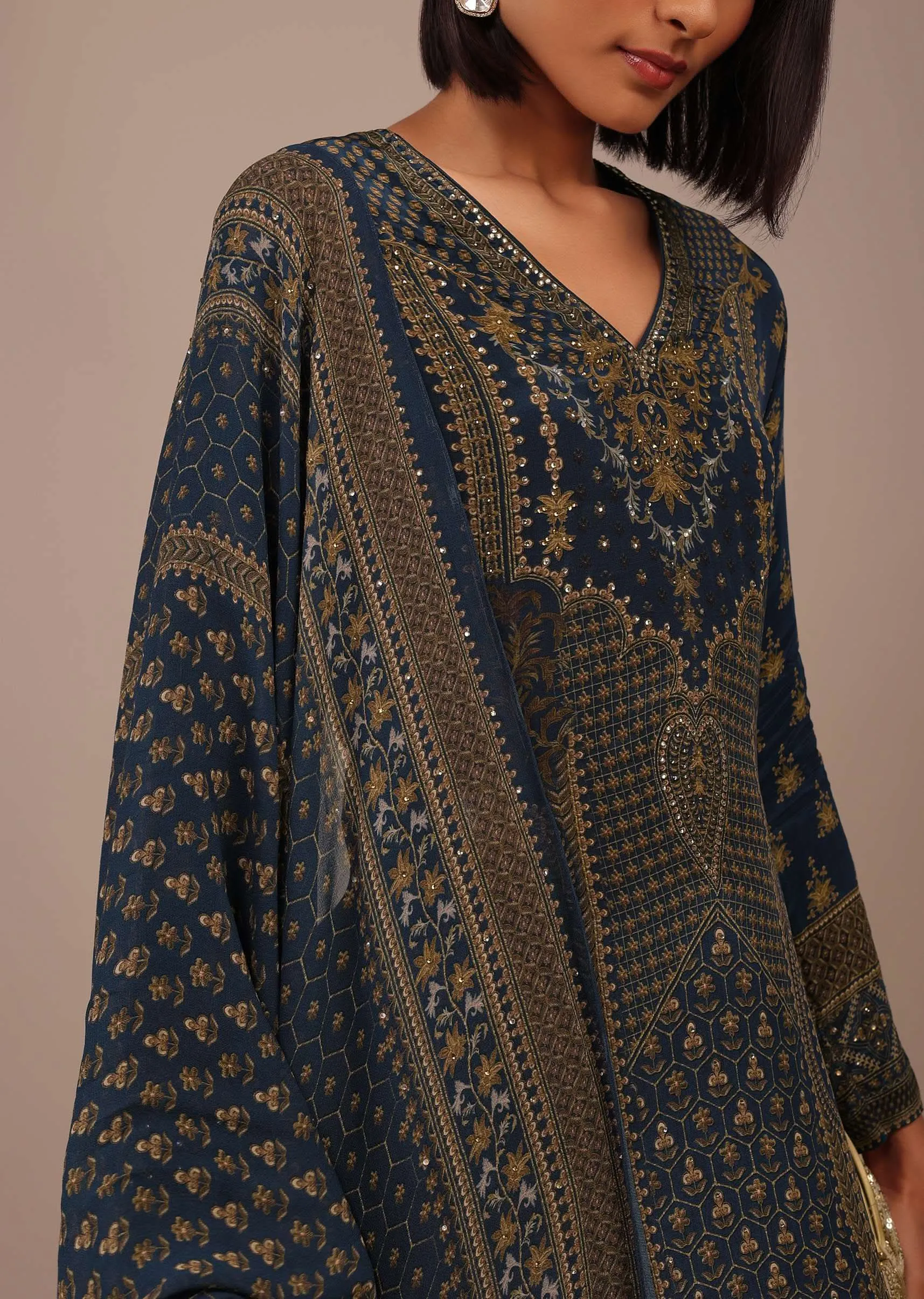Midnight Blue Printed Palazzo Suit With Stonework In Crepe