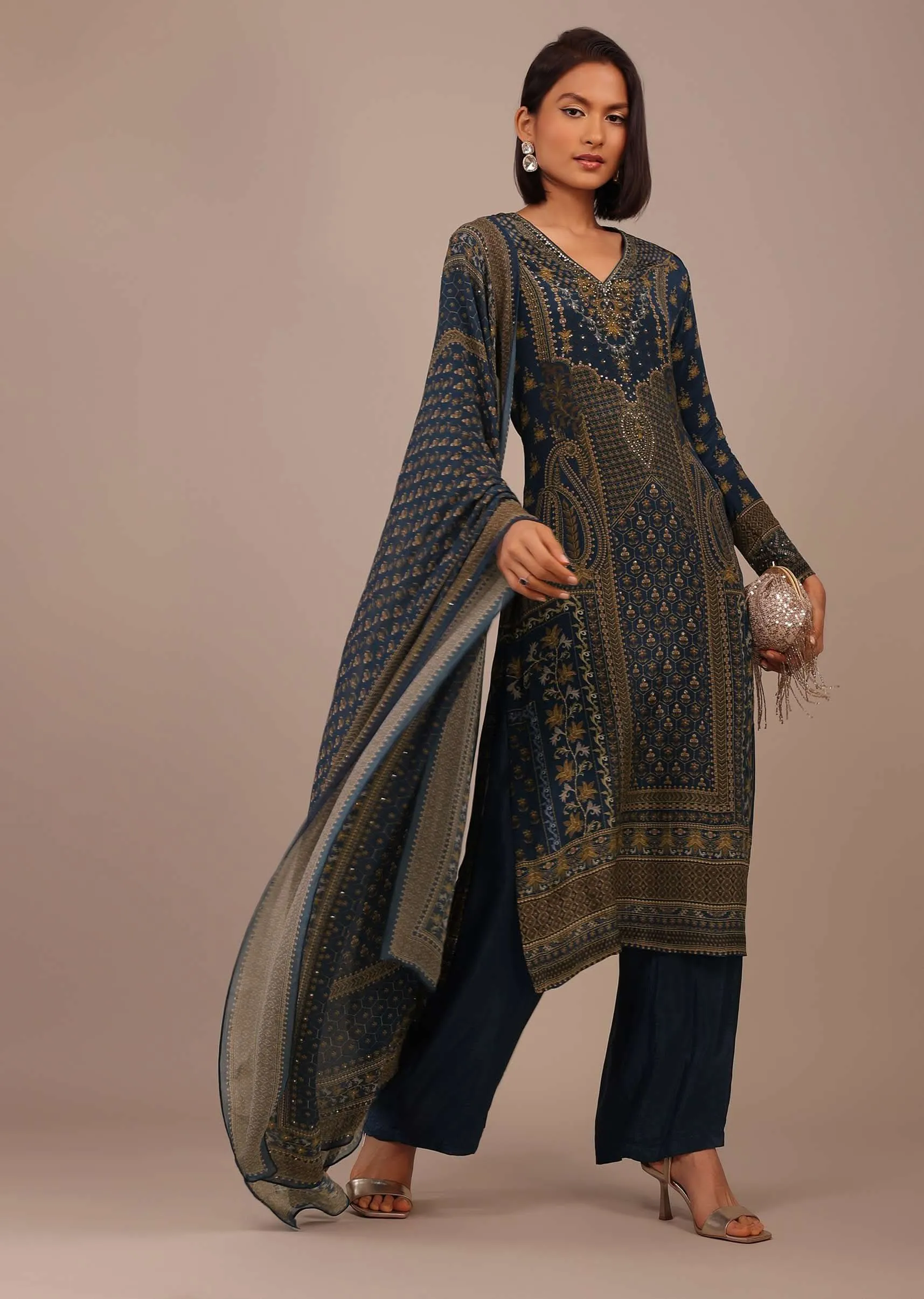 Midnight Blue Printed Palazzo Suit With Stonework In Crepe
