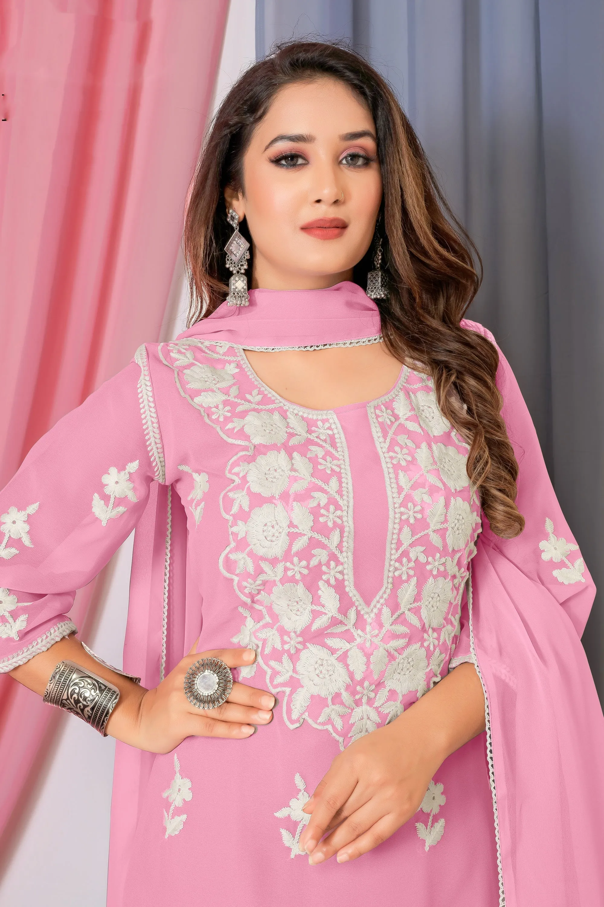 Pink Color Georgette Fabric Embroidered Tempting Palazzo Suit