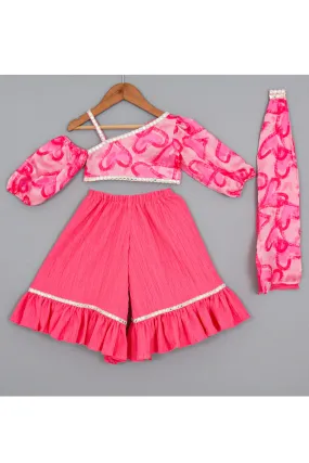 Pink Heart printed One Shoulder Top With Palazzo Set