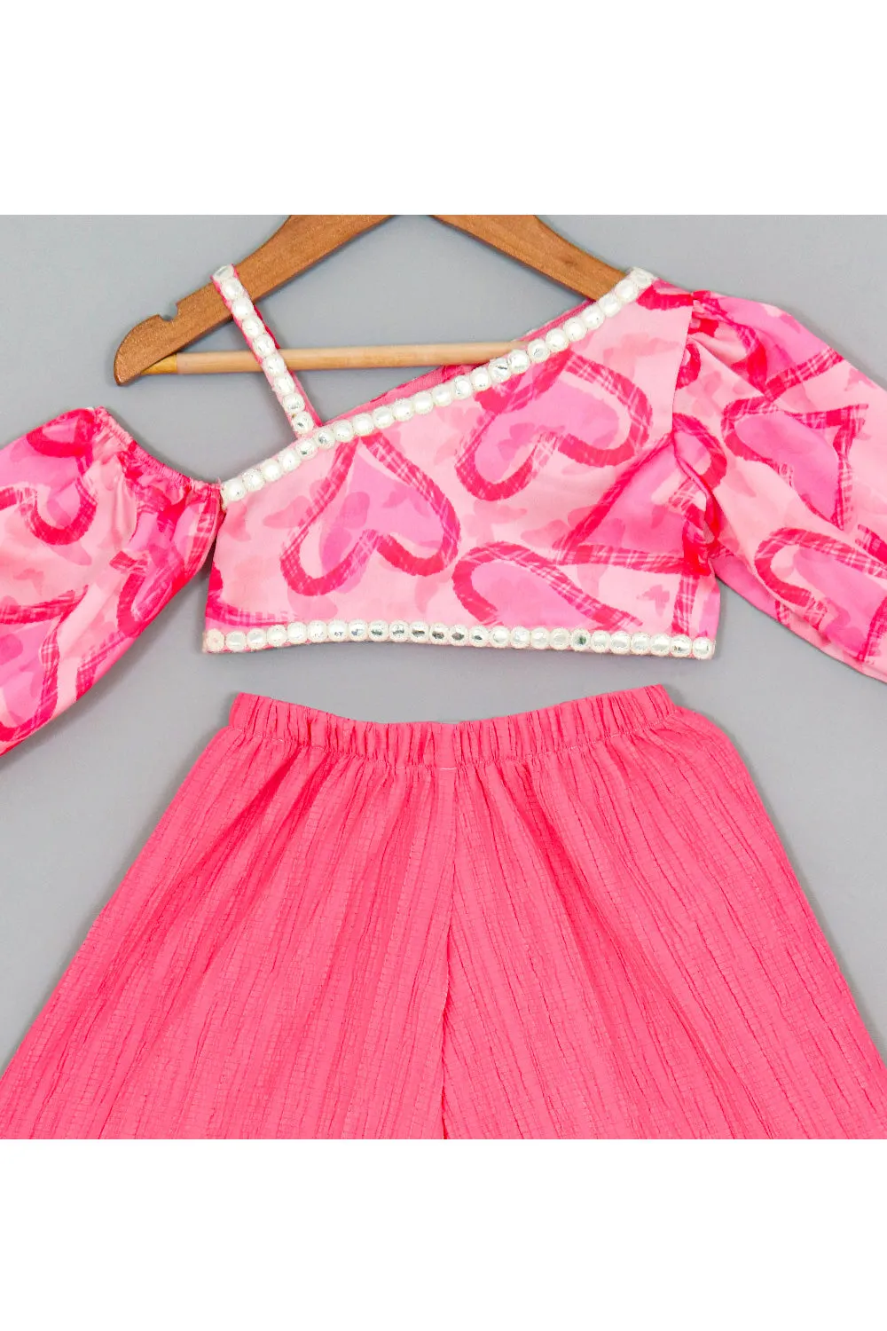 Pink Heart printed One Shoulder Top With Palazzo Set