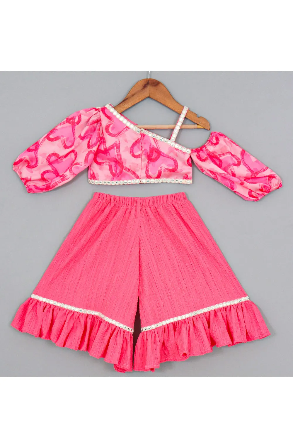 Pink Heart printed One Shoulder Top With Palazzo Set