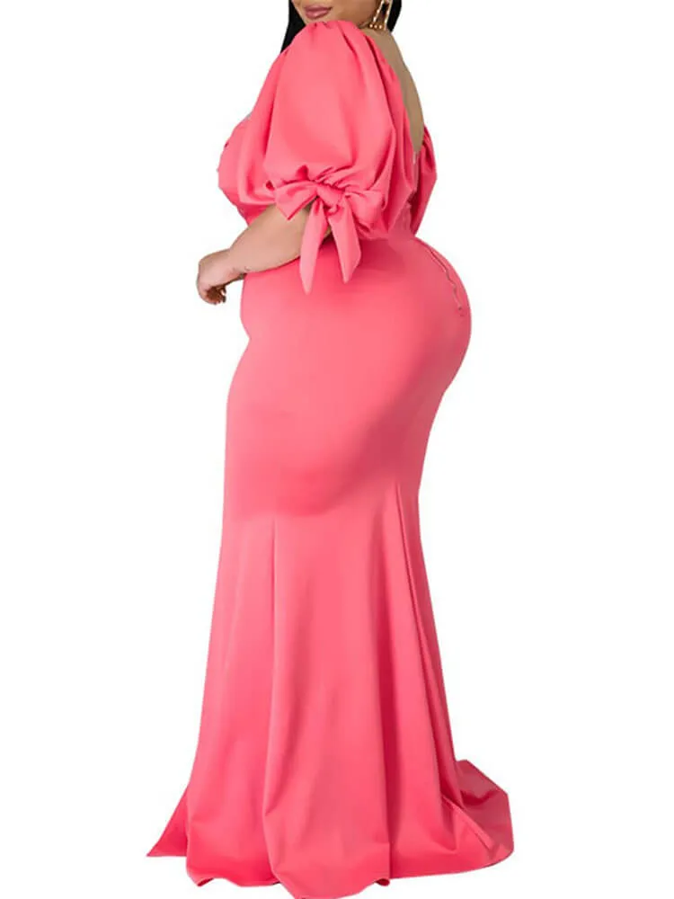 Plus Size Puff Sleeve Split Maxi Dresses