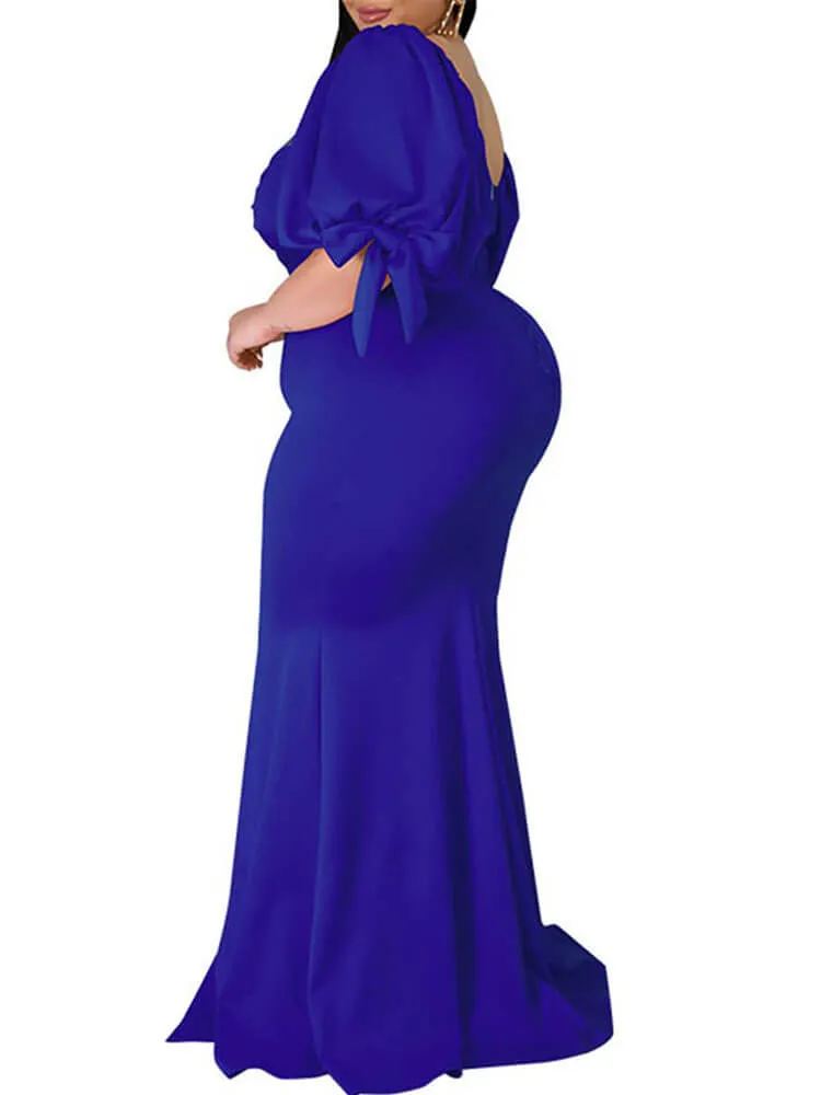 Plus Size Puff Sleeve Split Maxi Dresses