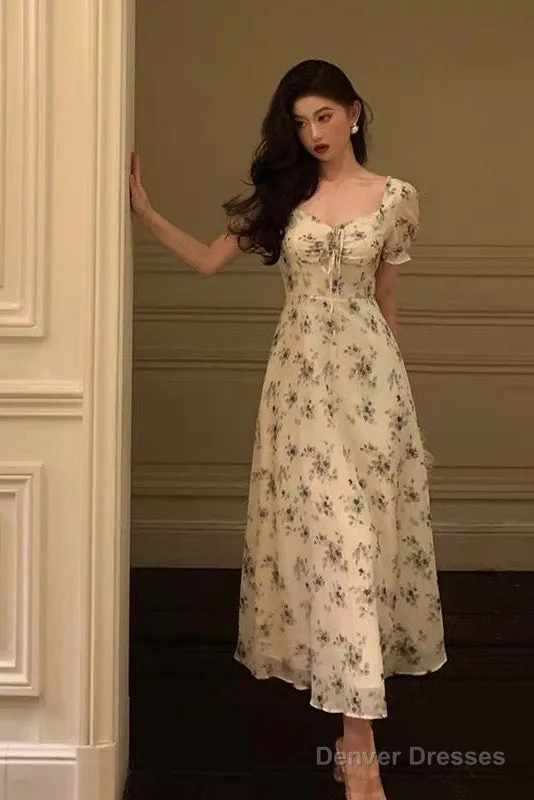 Sexy A Line Straps Floral Chiffon Ruffles Prom Dresses Birthday Outfits Evening Gown