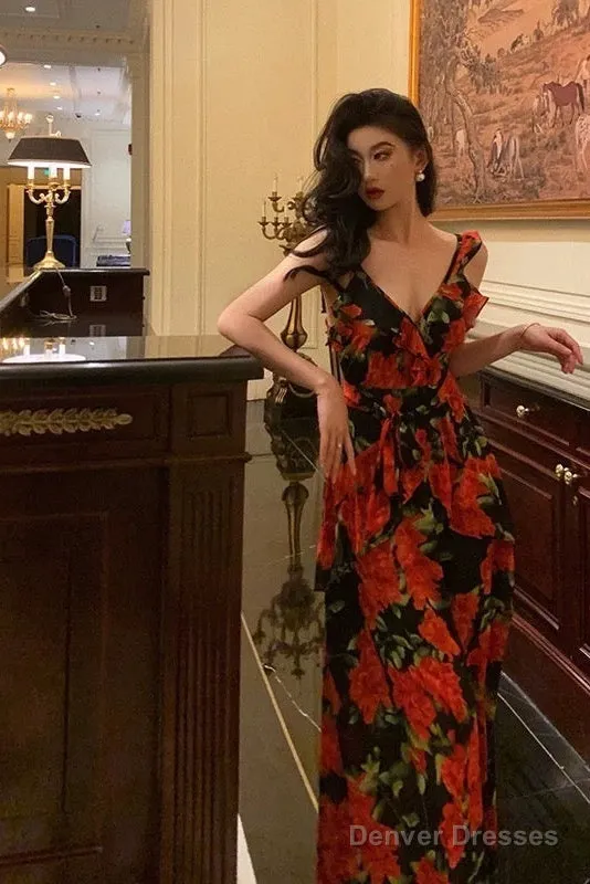 Sexy A Line Straps Sleeveless Red Floral Ruffle Chiffon Prom Dresses Birthday Outfits