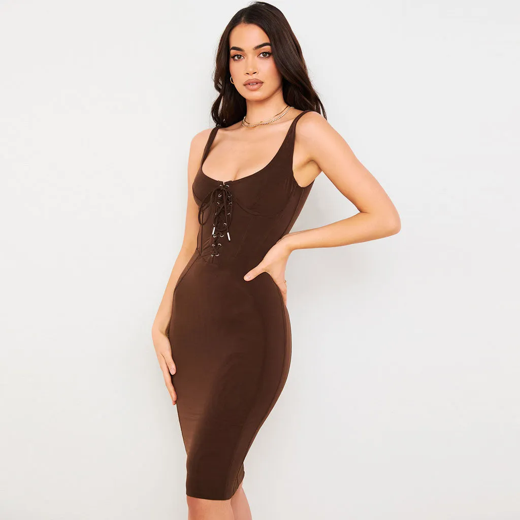Sexy Tie Front Push Up Bodycon Bandage Corset Midi Dress - Chocolate