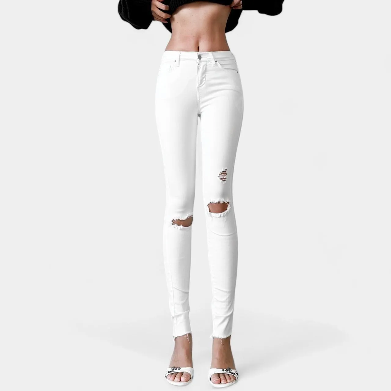 Topshop White Petite Destroyed Distressed Ripped Knee Skinny Denim Jeans Size XS