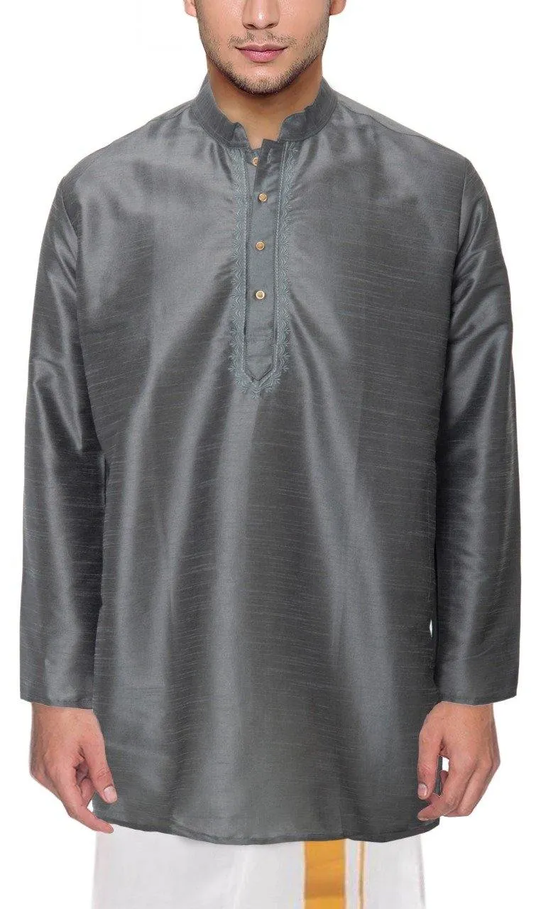 Traditional Raw Silk Kurta for men with beautiful embroidary (Grey) - 91002A