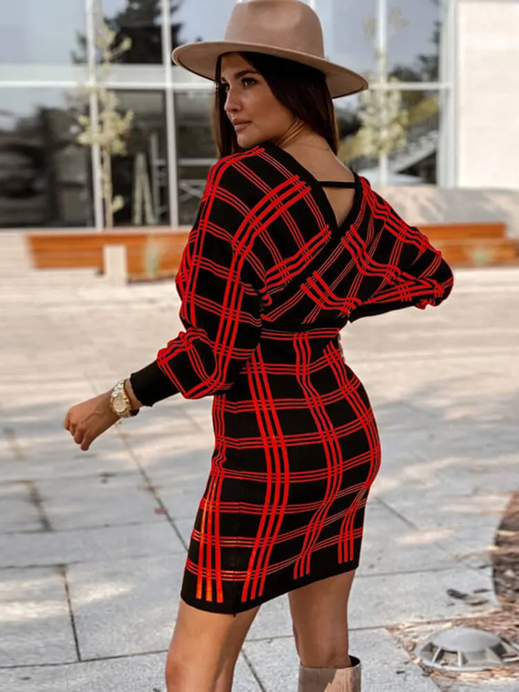 V Neck Plaid Print Batwing Sleeve Sweater Mini Dresses