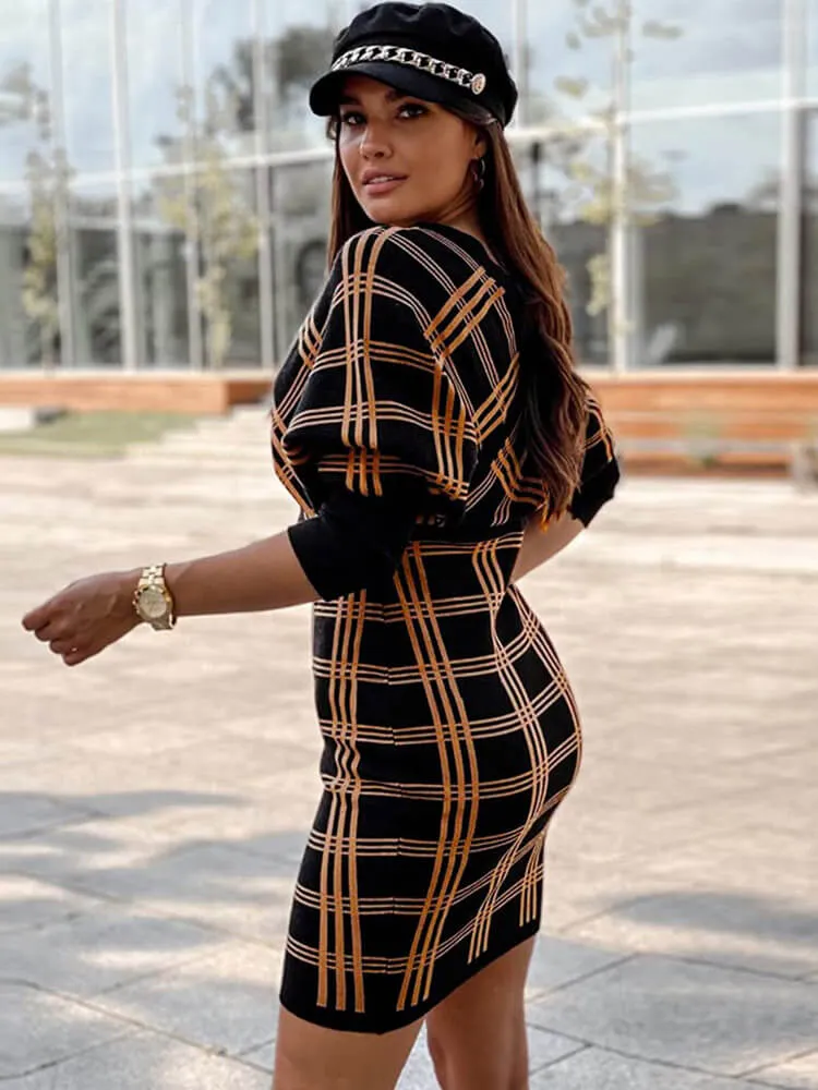 V Neck Plaid Print Batwing Sleeve Sweater Mini Dresses