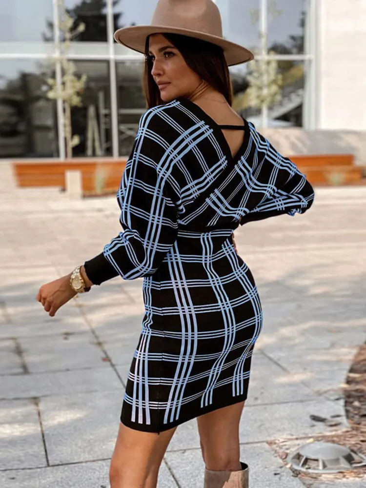 V Neck Plaid Print Batwing Sleeve Sweater Mini Dresses