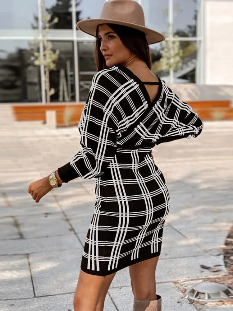 V Neck Plaid Print Batwing Sleeve Sweater Mini Dresses