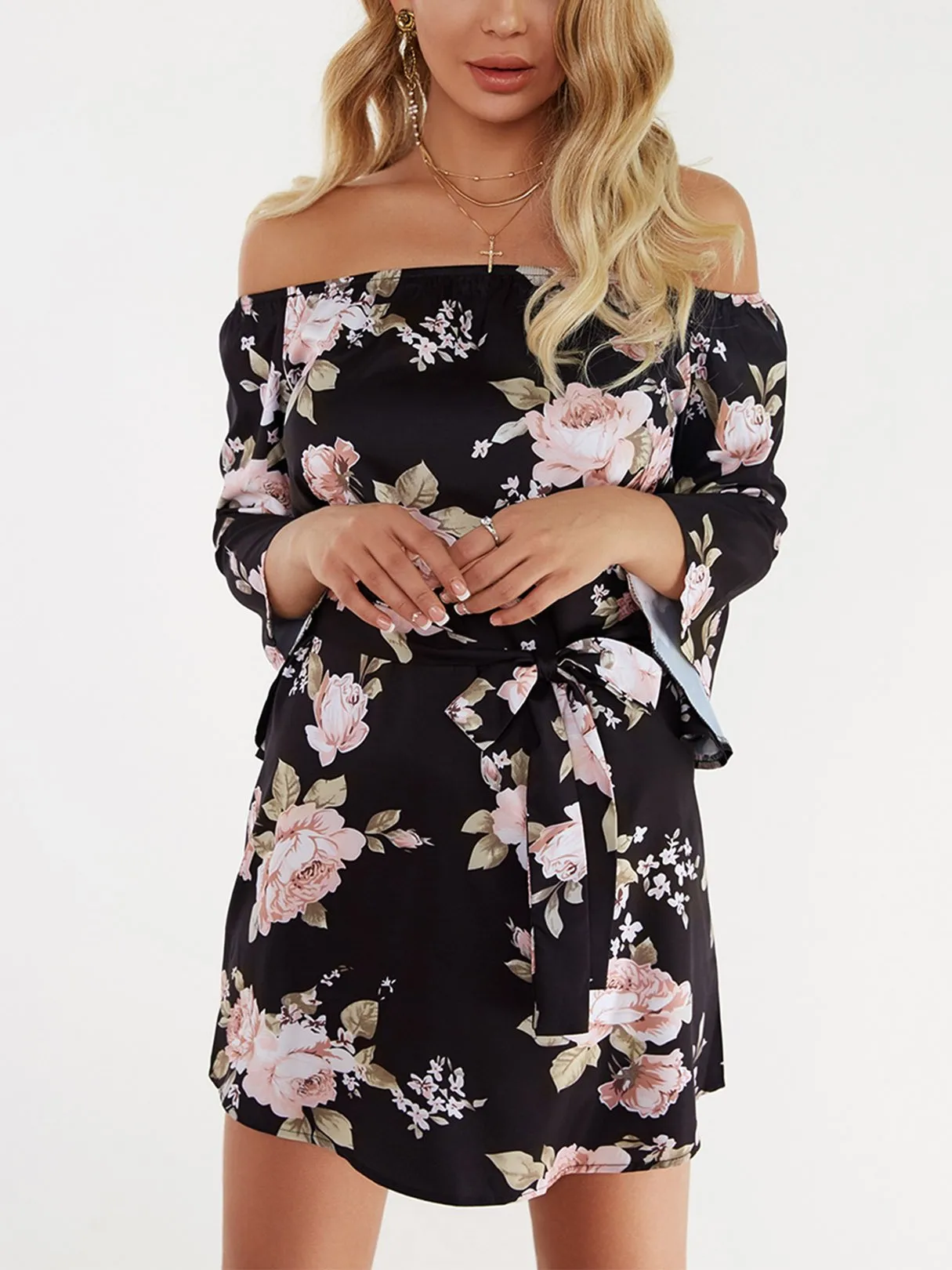 Wholesale Black Off The Shoulder 3/4 Sleeve Length Floral Print Lace-Up Belt Self-Tie High-Waisted Dresses