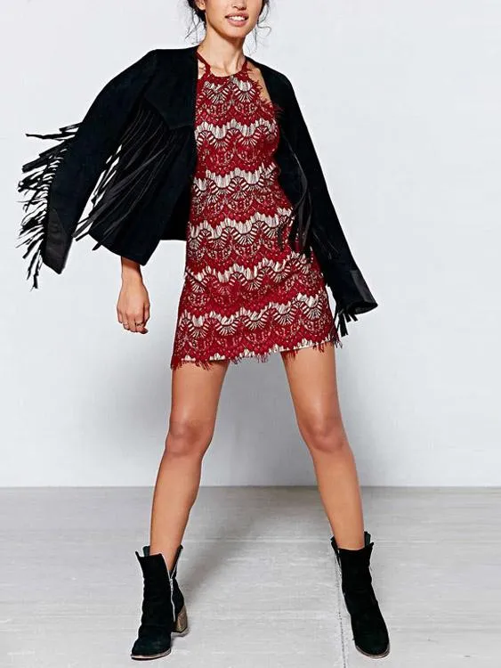 Wholesale Sexy Backless Bodycon Halter Red Lace Dresses