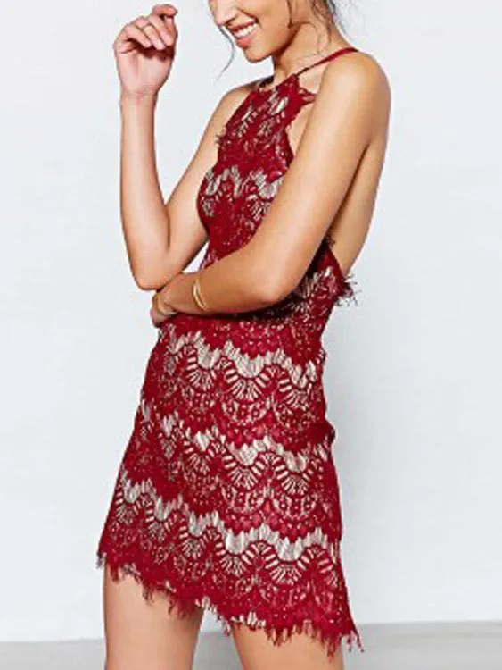 Wholesale Sexy Backless Bodycon Halter Red Lace Dresses