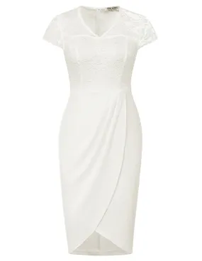 Women Lace Patchwork Dress OL Cap Sleeve V-Neck Ruched Bodycon Dress