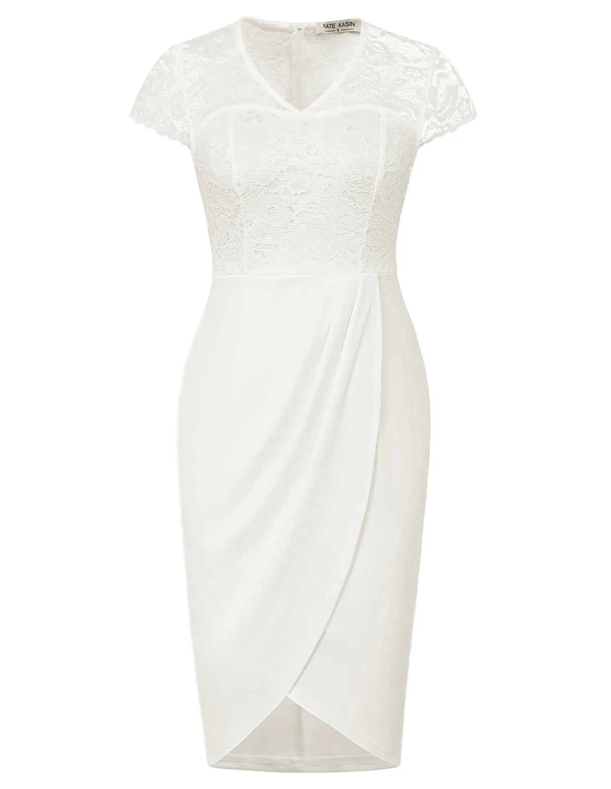 Women Lace Patchwork Dress OL Cap Sleeve V-Neck Ruched Bodycon Dress