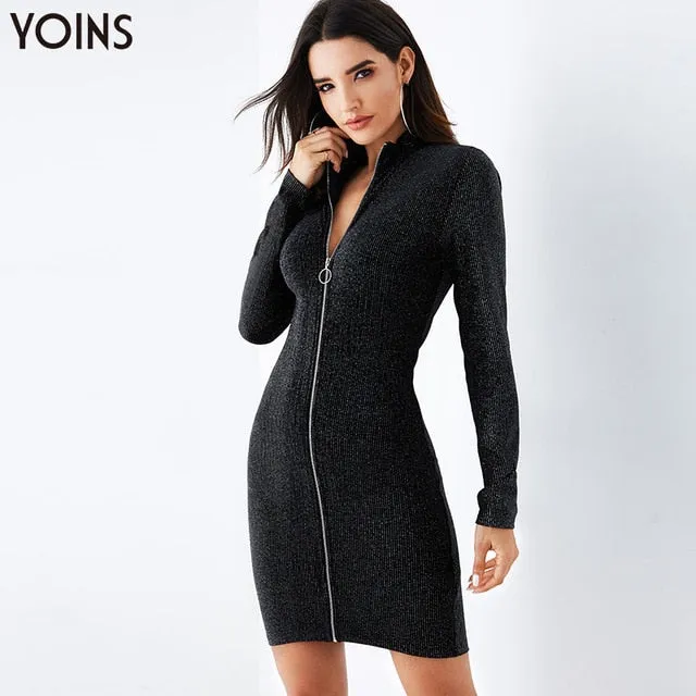YOINS 2019 Autumn Winter Women Bodycon Dress Black V-Neck  Zip Front Long Sleeves Sexy Party Club Ladies Dresses Shinny Style