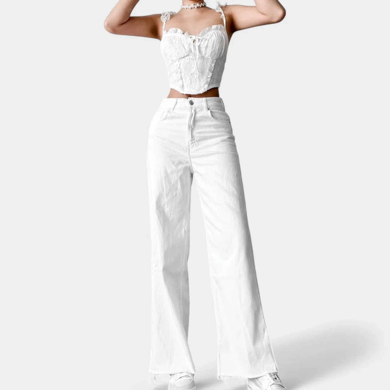 Zara White High Waisted Distressed Destroyed Hem Wide Leg Denim Jeans Size XS/S